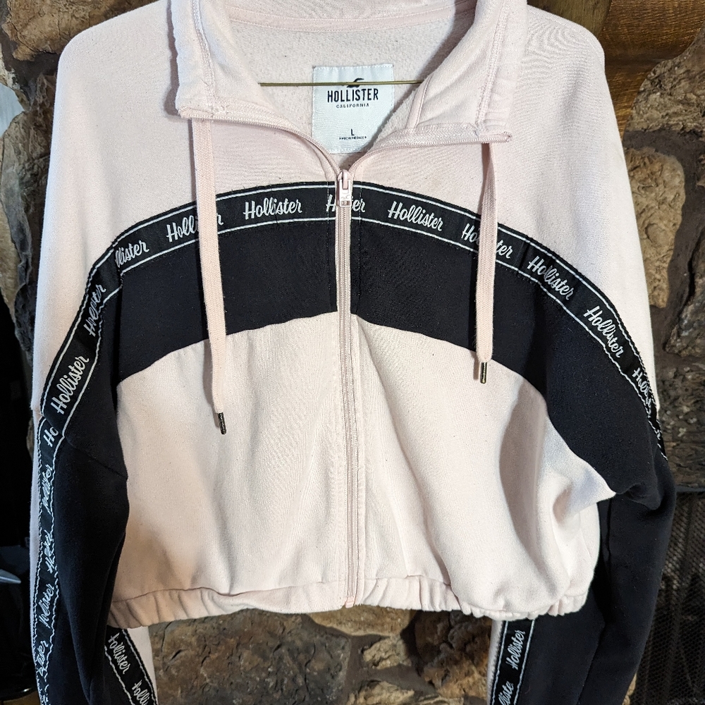 Ladies Full Zip Hollister Pink / Black Sweat Top SZ L